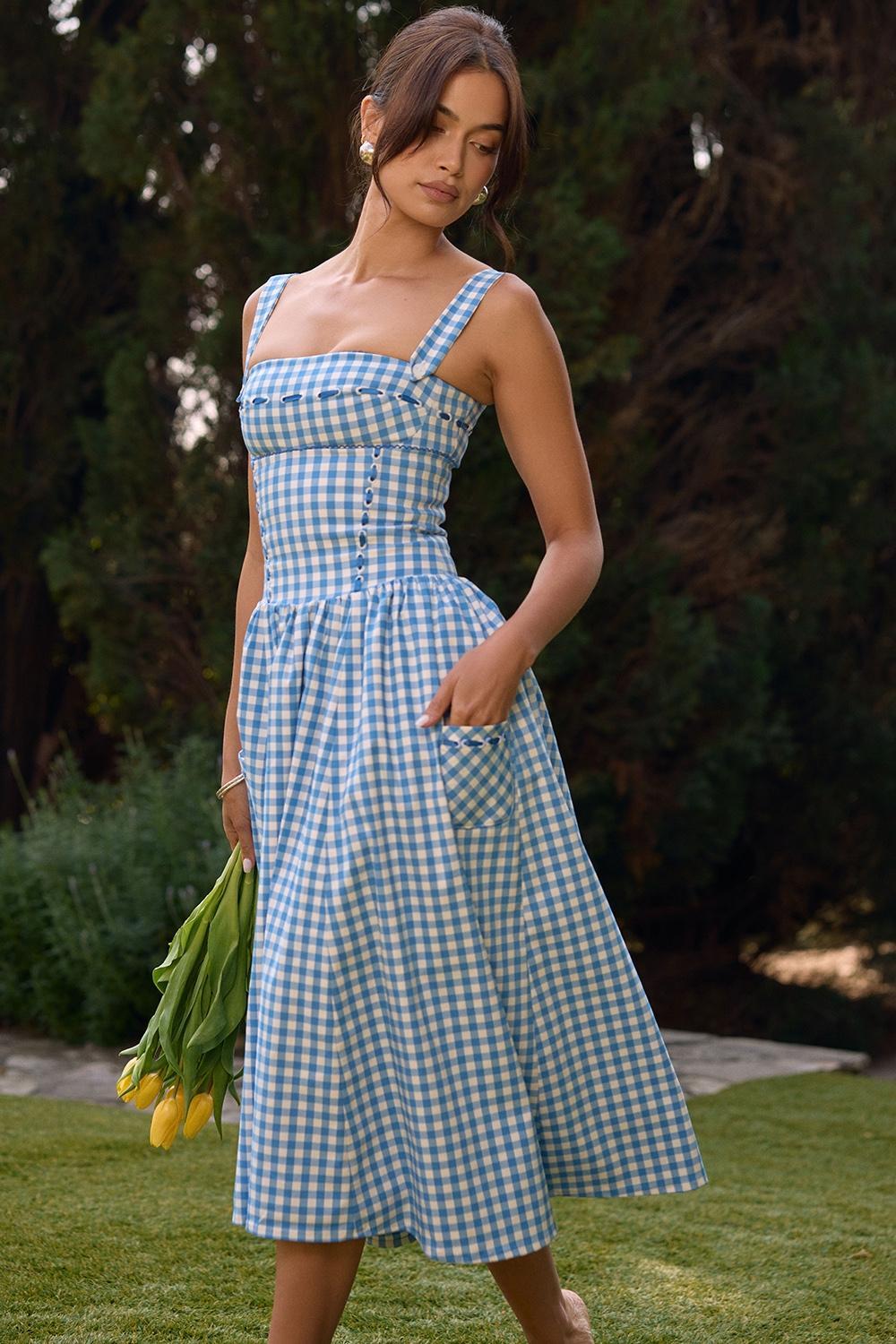 Vivien Regatta Blue Gingham Midi Sundress Product Image