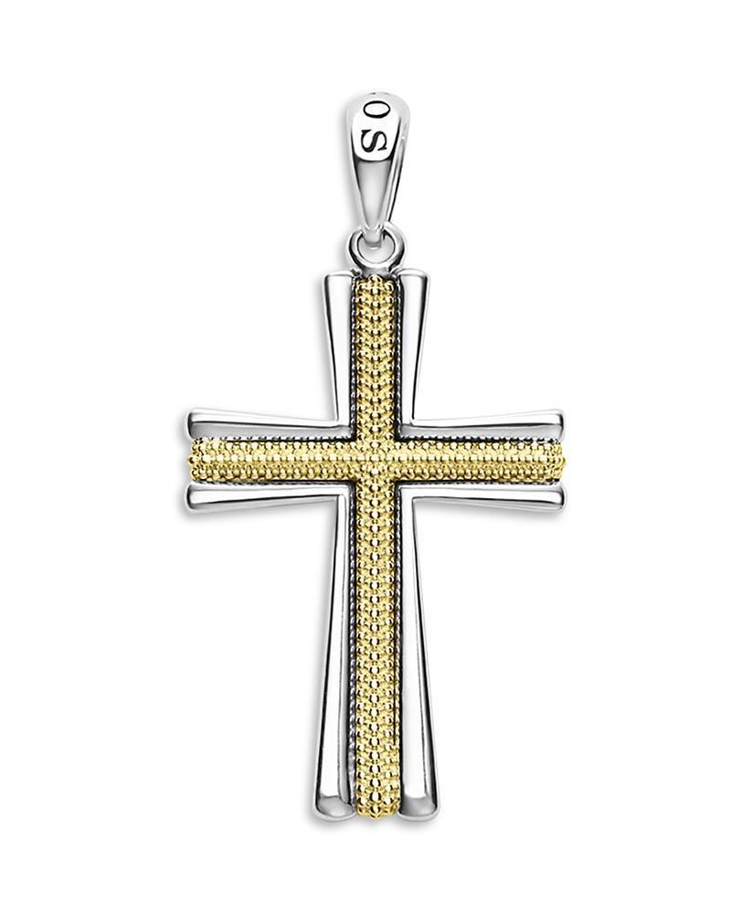 Lagos Mens 18K Yellow Gold & Sterling Silver Anthem Caviar Beaded Cross Amulet Pendant Product Image