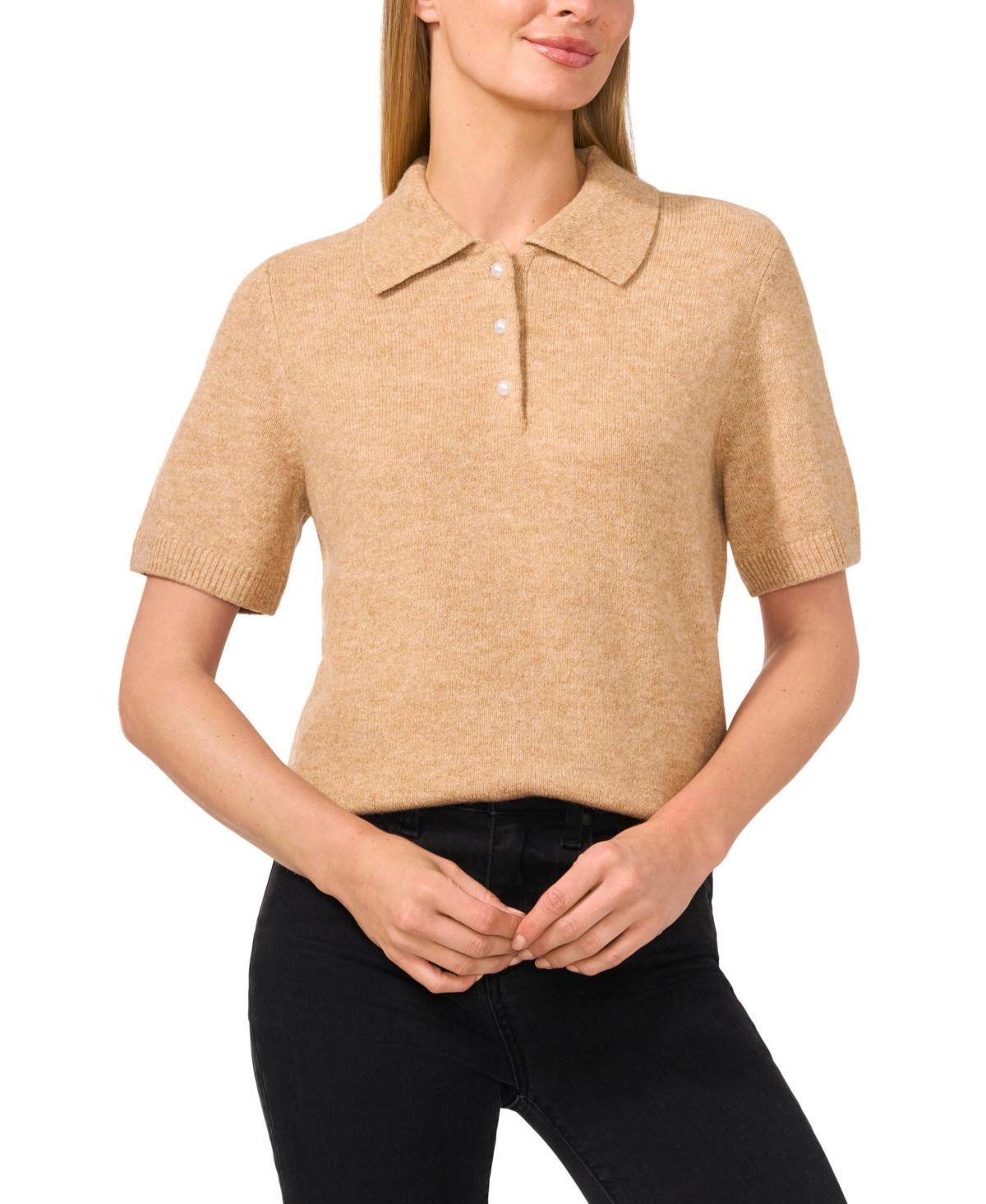 CeCe Womens Short Sleeve Polo Sweater with Cultivated Pearl Buttons Product Image