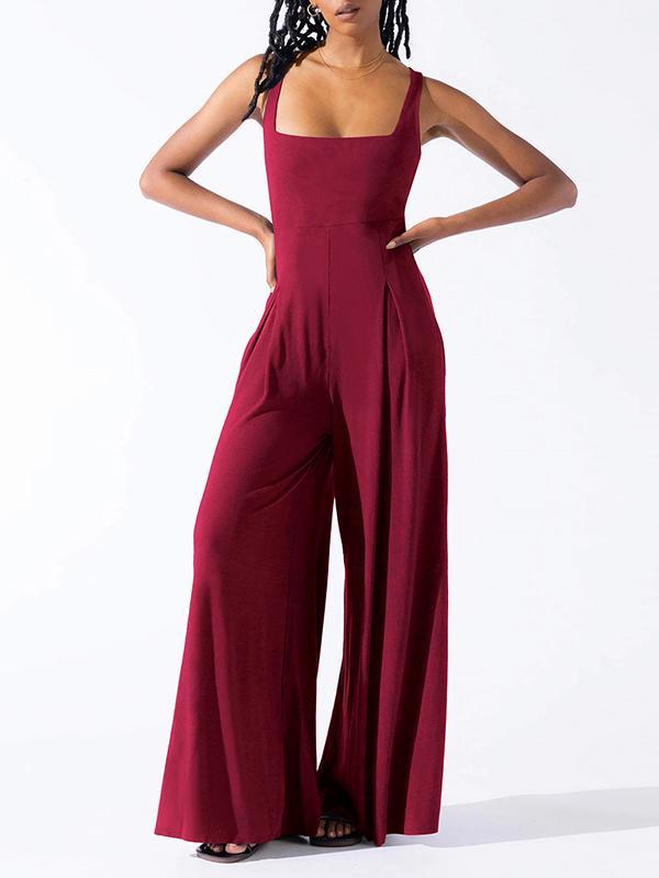 Loose Sleeveless Pleated Solid Color Spaghetti-Neck Jumpsuits Product Image