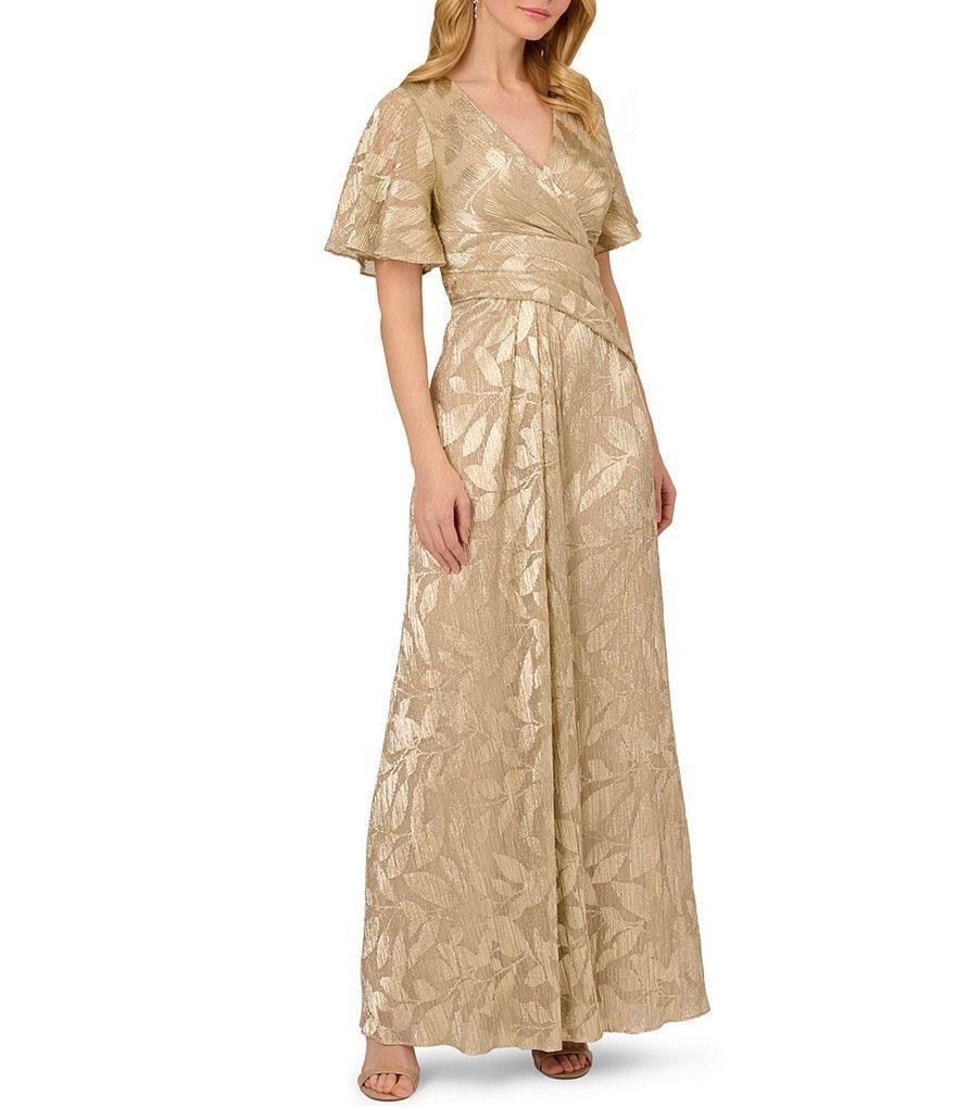 Adrianna Papell Foiled Leaf Print Surplice V-Neck Short Flutter Sleeve Gown Product Image