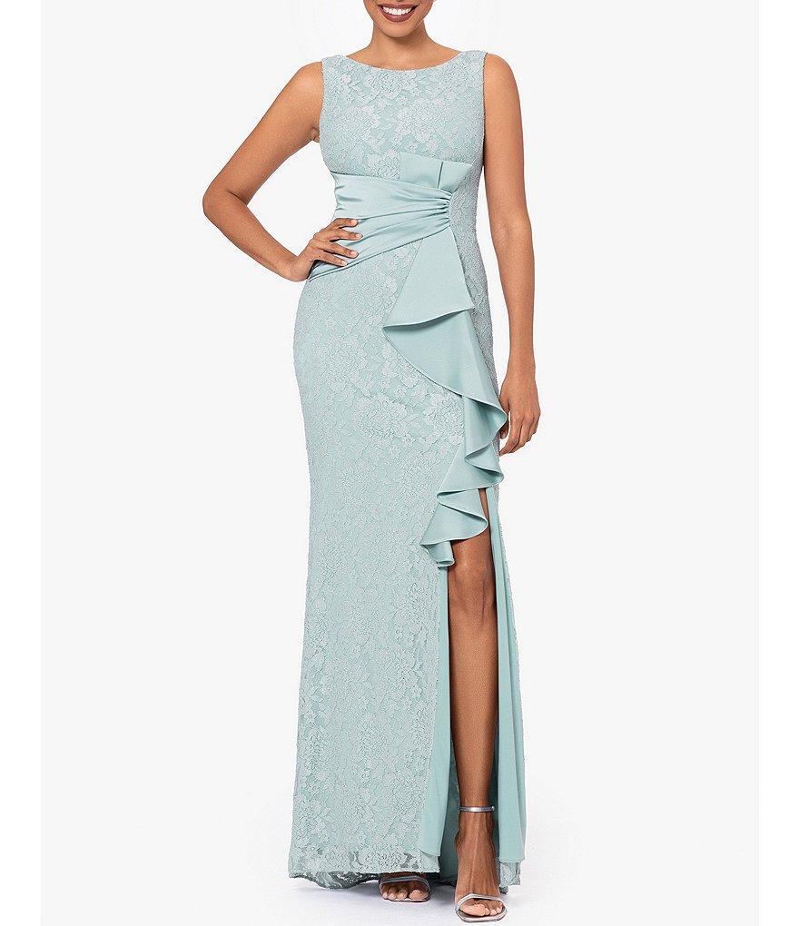 Betsy & Adam Lace Boat Neck Sleeveless Satin Sash Ruffle Side Slit Sheath Gown Product Image