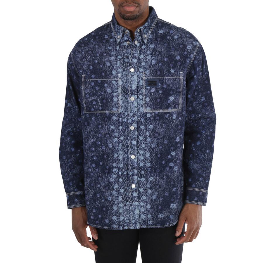 BURBERRY Dark Canvas Blue Fish Scale Print Denim Snap Shirt Product Image