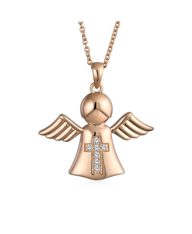 Bling Jewelry Tiny Petite Cz Accent Religious Cross Protection Guardian Angel Pendant Necklace For Women Rose Gold Plated Sterling Silver Product Image