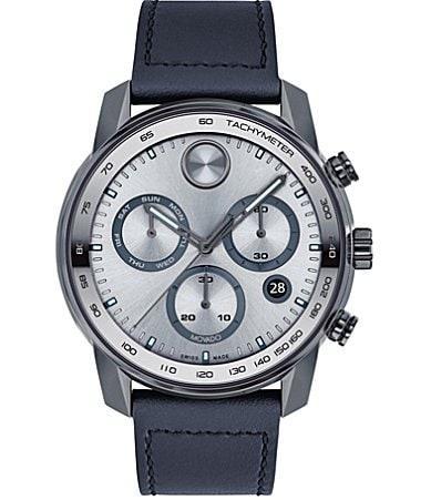 Men's Movado BoldÂ® Verso Gunmetal Grey IP Chronograph Blue Leather Strap Watch with Grey Dial (Model: 3600909) Product Image