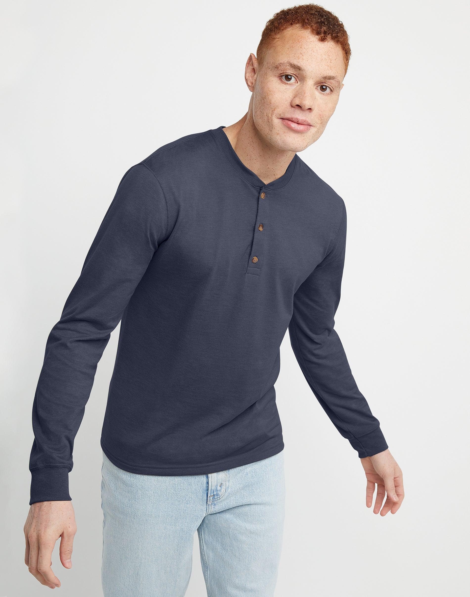 Hanes Originals Mens Cotton Long Sleeve Henley T-Shirt Athletic Navy Heather S Product Image