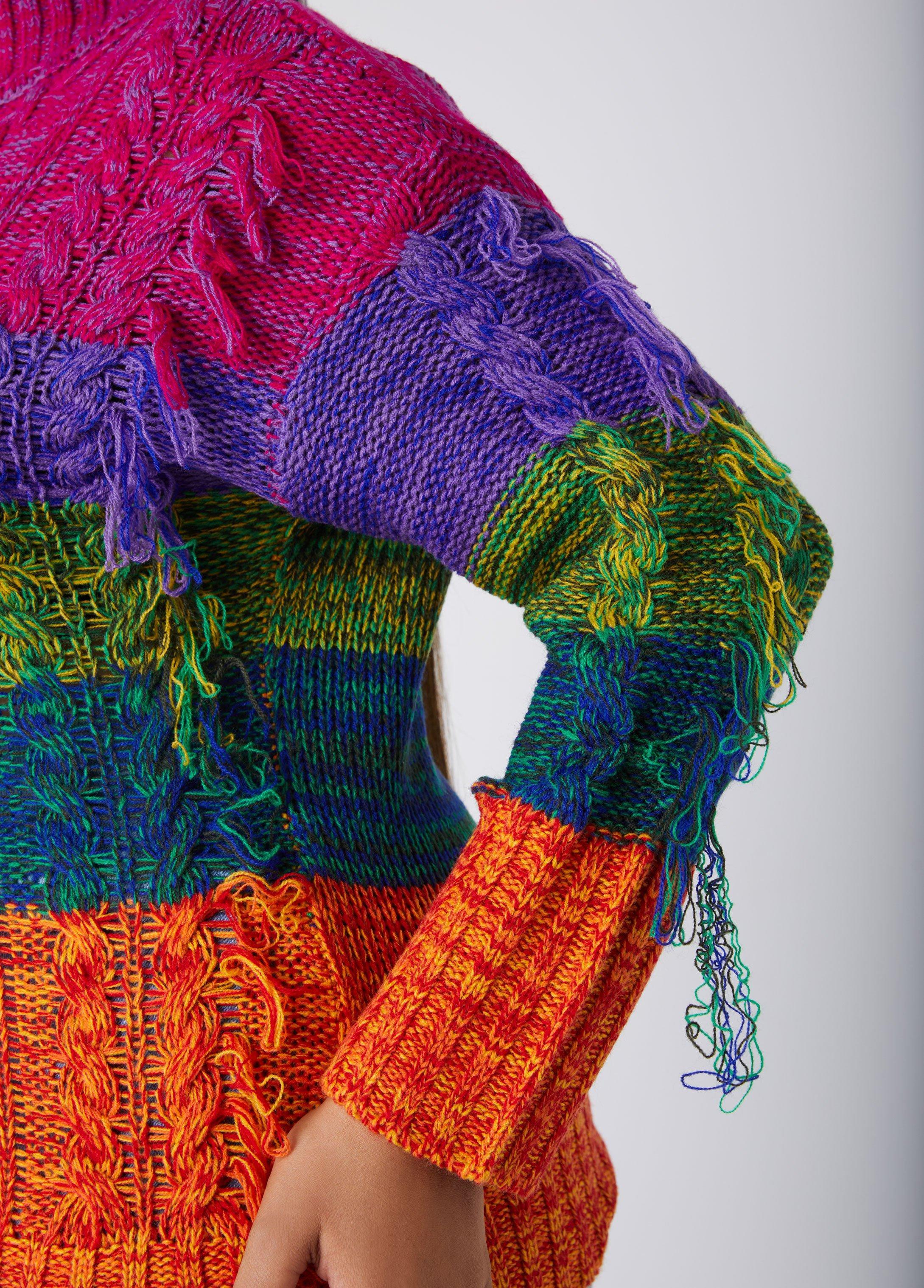 Fringed Rainbow Cable Knit Sweater Product Image