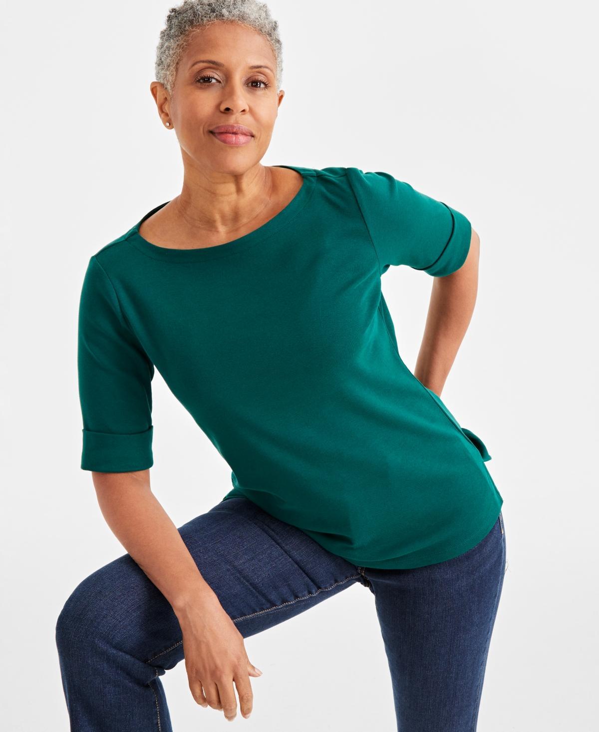 Style & Co Womens Boat-Neck Elbow Sleeve Cotton Top, Xs-4X, Created for Macys Product Image