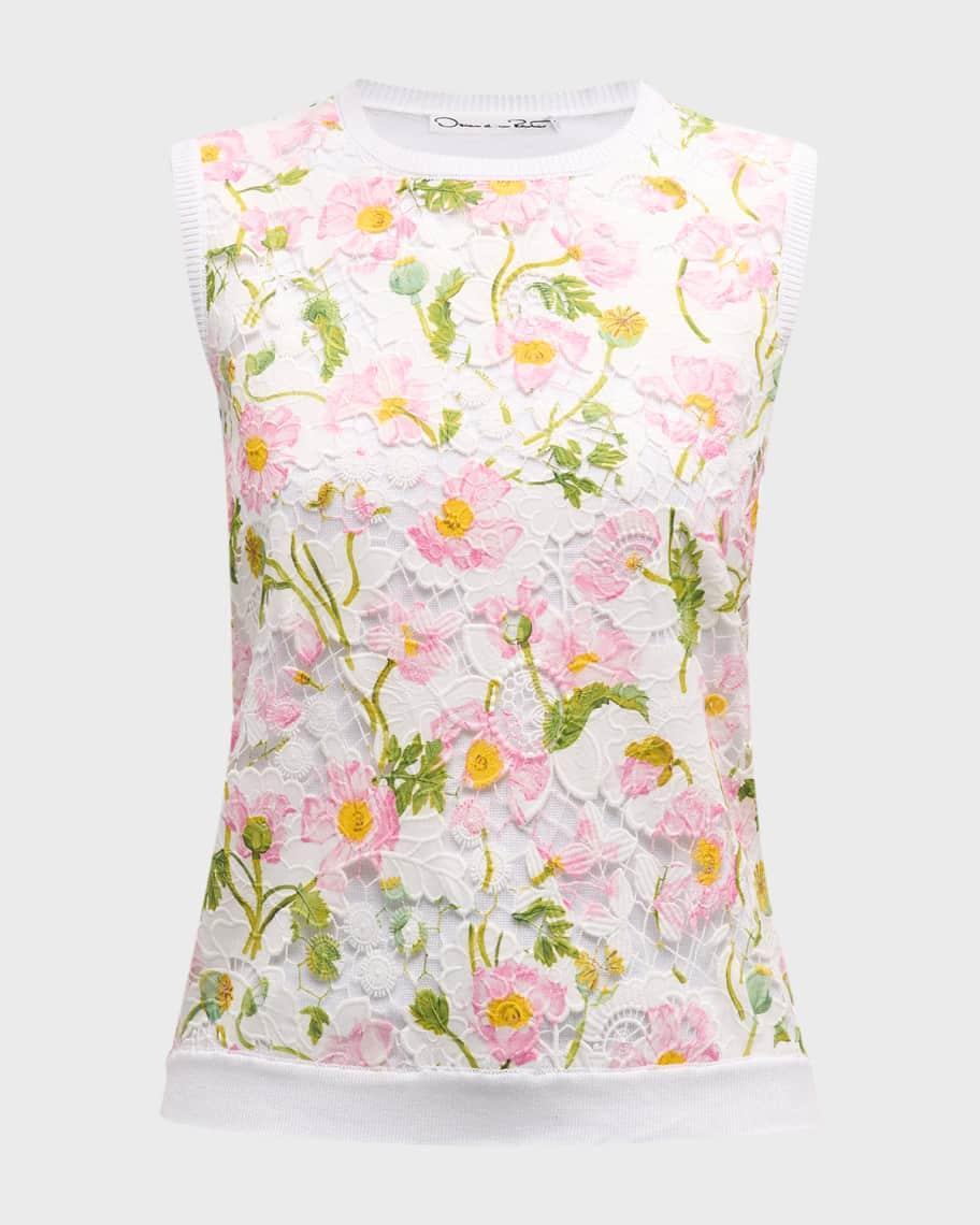 Floral-Print Botanical Lace-Inset Knit Tank Top Product Image