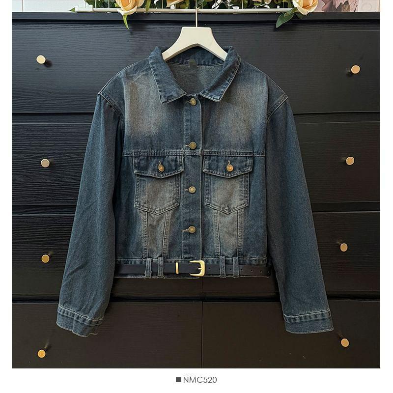 Washed Denim Trucker Jacket with Belt Product Image