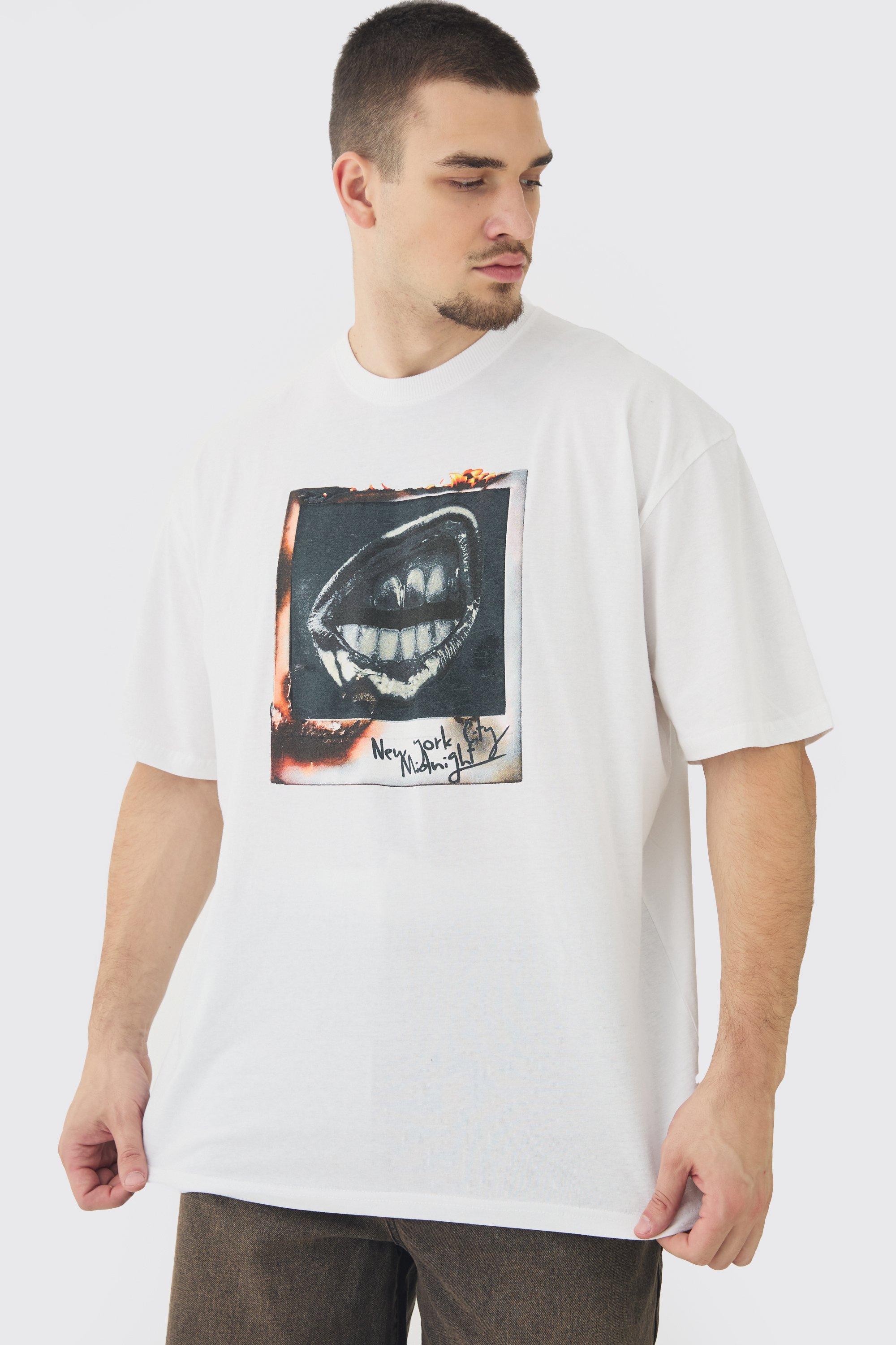 Tall Burned Picture Print Oversized T-shirt in White | boohooMAN USA Product Image