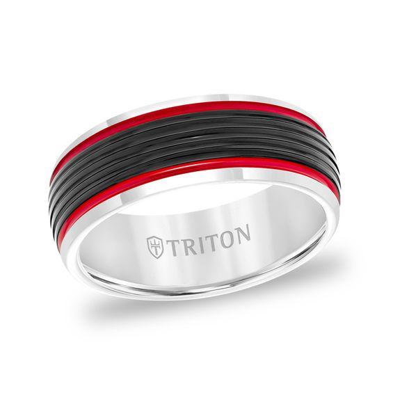 Triton Men's 8.0mm Comfort-Fit Carbon Fiber Grooved Wedding Band in Two-Tone Tungsten Product Image