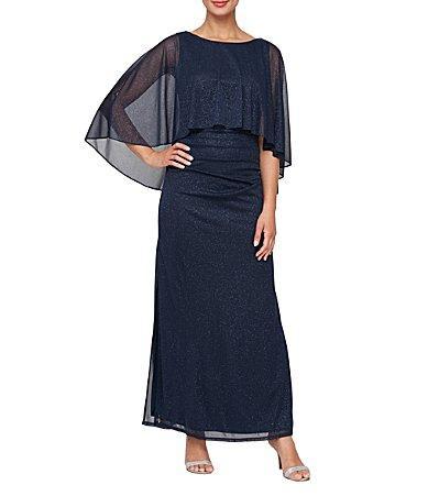 Sl Fashions Womens Sparkle Mesh Capelet Ruched Gown Product Image