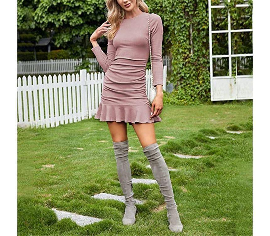 Long-Sleeve Crew Neck Plain Ruffle Ruched Mini Mermaid Dress Product Image