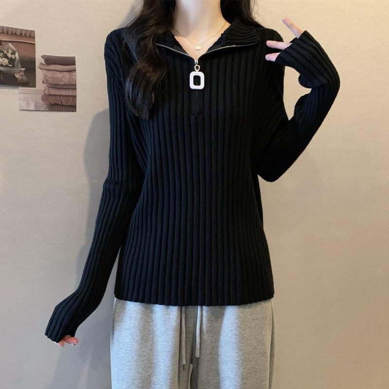 Long-Sleeve Collar Plain Half-Zip Ribbed Knit Top Product Image