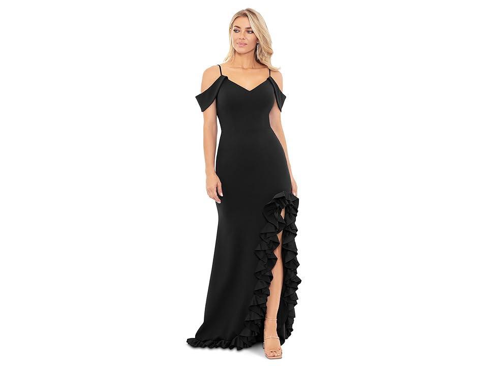 XSCAPE Long Scuba Crepe Cold Shoulder Ruffle Women's Dress Product Image