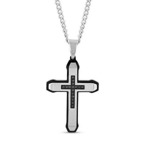 Men's 1/6 CT. T.w. Black Diamond Mini-Cross Inlay Outline Pendant in Stainless Steel and Black Ion Plate - 24" Product Image