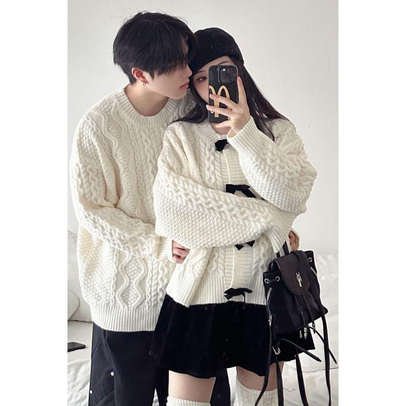 Couple Matching Round Neck Plain Cable Knit Sweater / Bow Cardigan Product Image