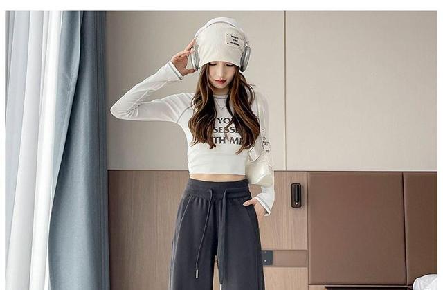 Drawstring Waist Plain Panel Wide Leg Sweatpants Product Image