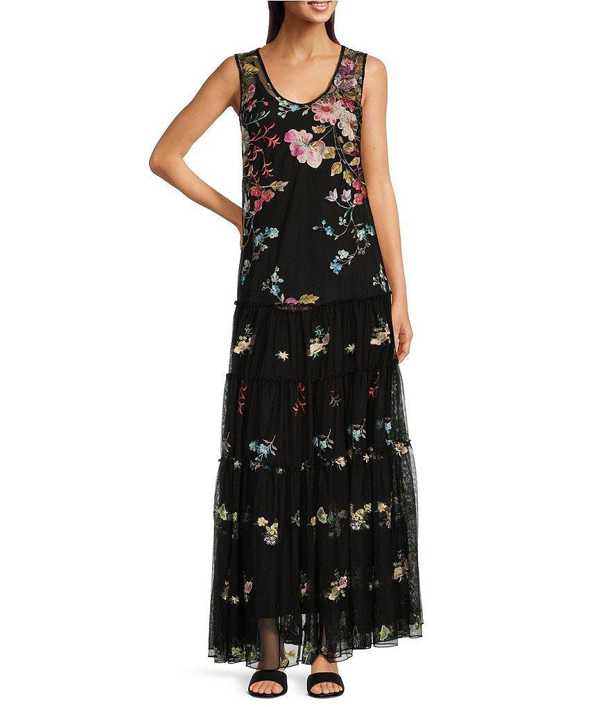 JOHNNY WAS Lilliana Mesh V-Neck Sleeveless Embroidered Maxi Shift Dress Product Image