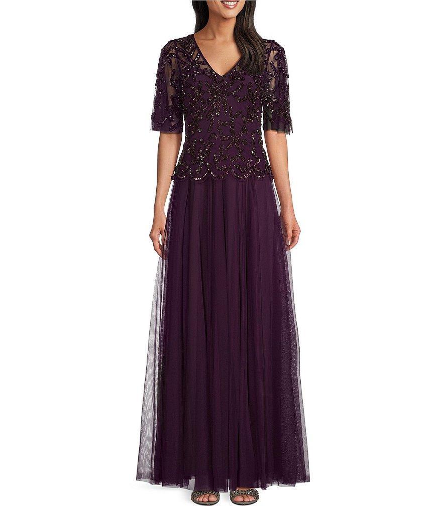 Alex Evenings Hand Beaded Mock Chiffon V-Neck Illusion Flutter Sleeves A-Line Dress Product Image