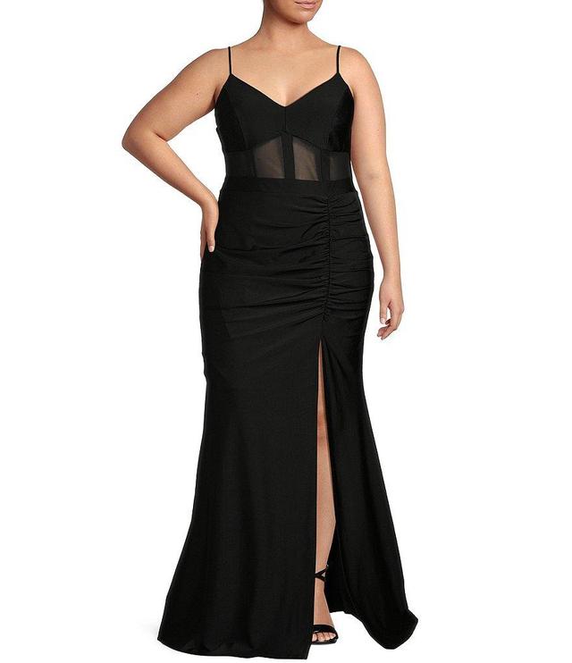 Honey and Rosie Plus Size V-Neck Shirred Front Slit Long Dress Product Image