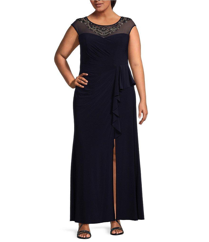 Alex Evenings Plus Size Cap Sleeve Round Illusion Sweetheart Neckline Cascade Ruffle Gown Product Image