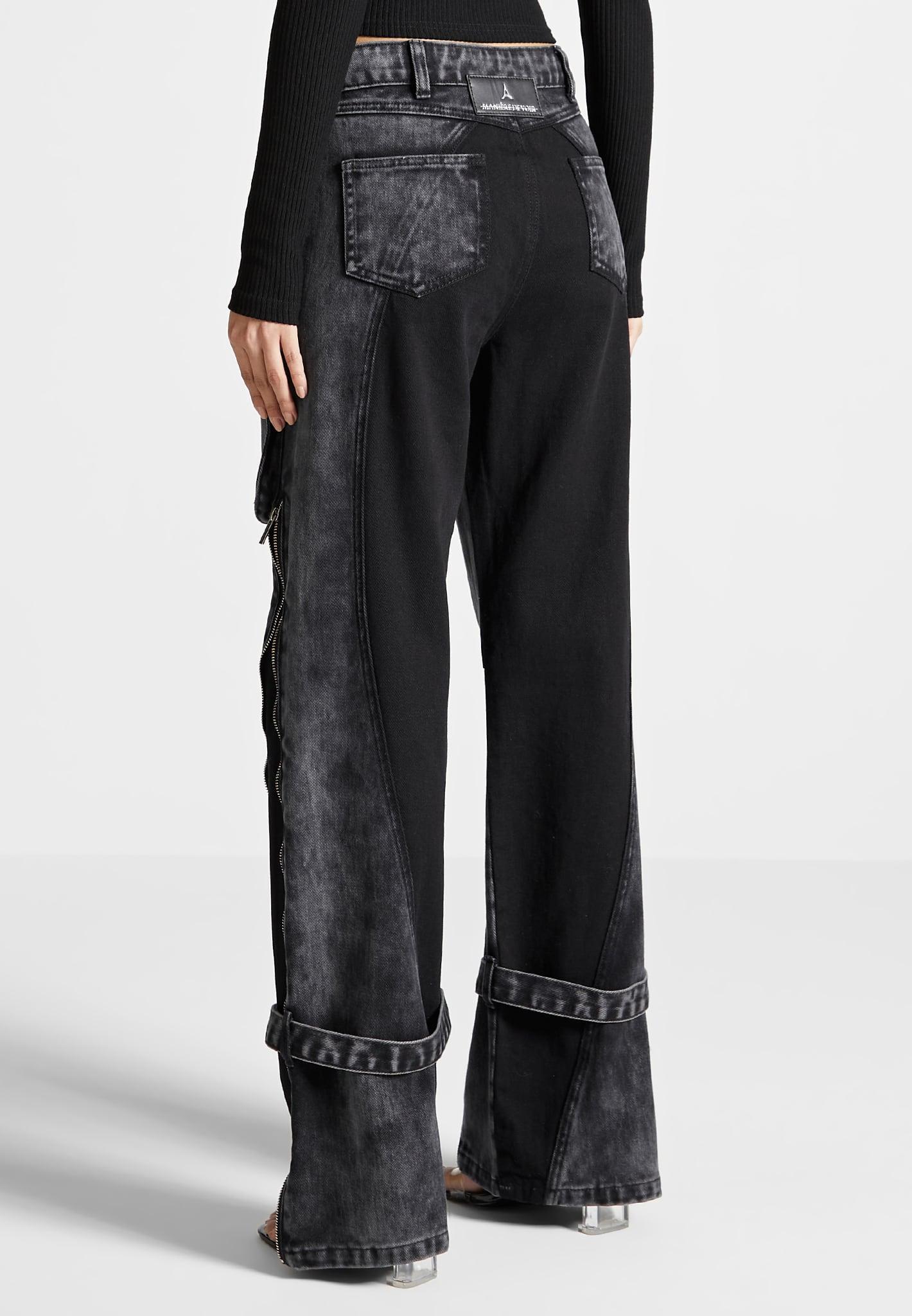 Zip Detail Denim Cargo Pants - Washed Black Female Product Image