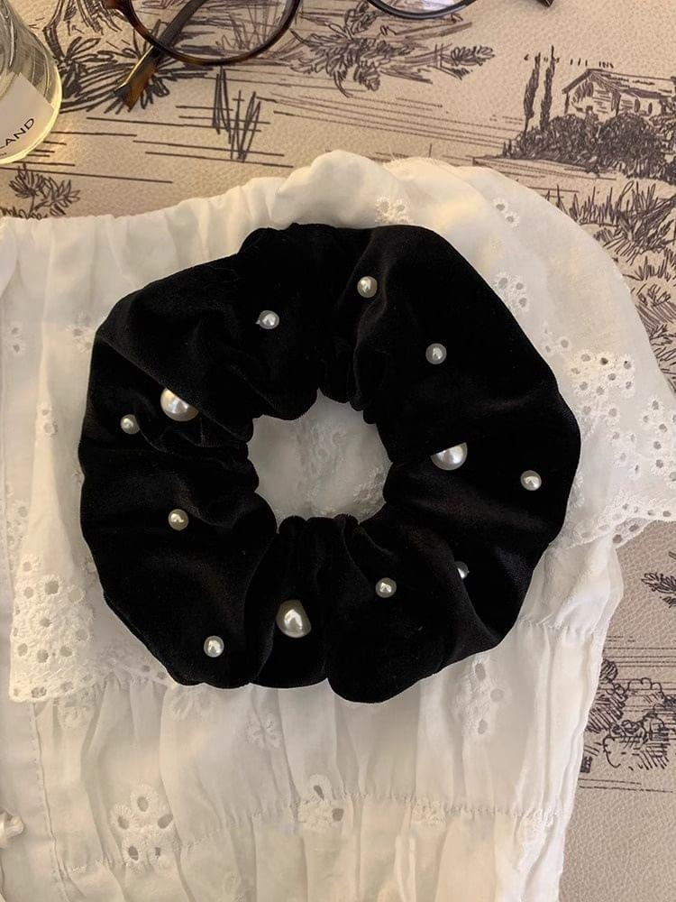 Velvet Faux Pearl Hair Scrunchie Product Image