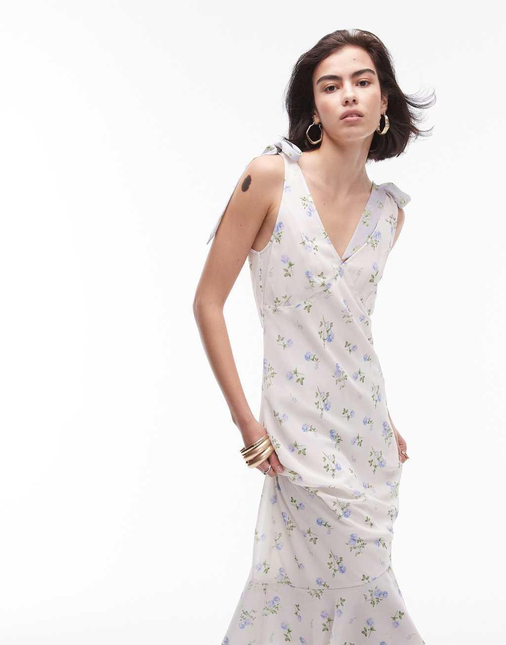 Topshop mix and match tie shoulder midi dress in vintage print Product Image