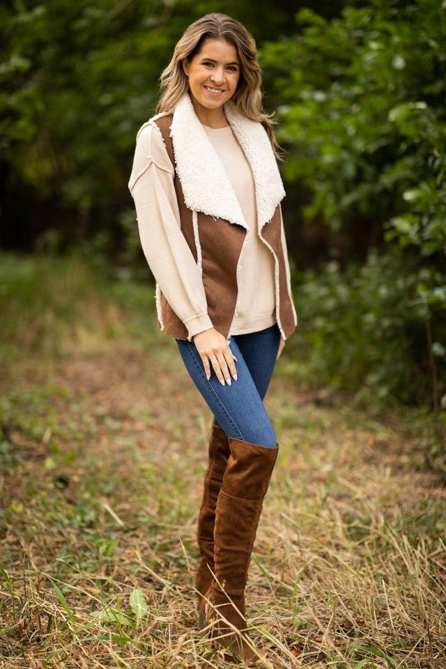 Brown Faux Suede Sherpa Lined Vest Product Image