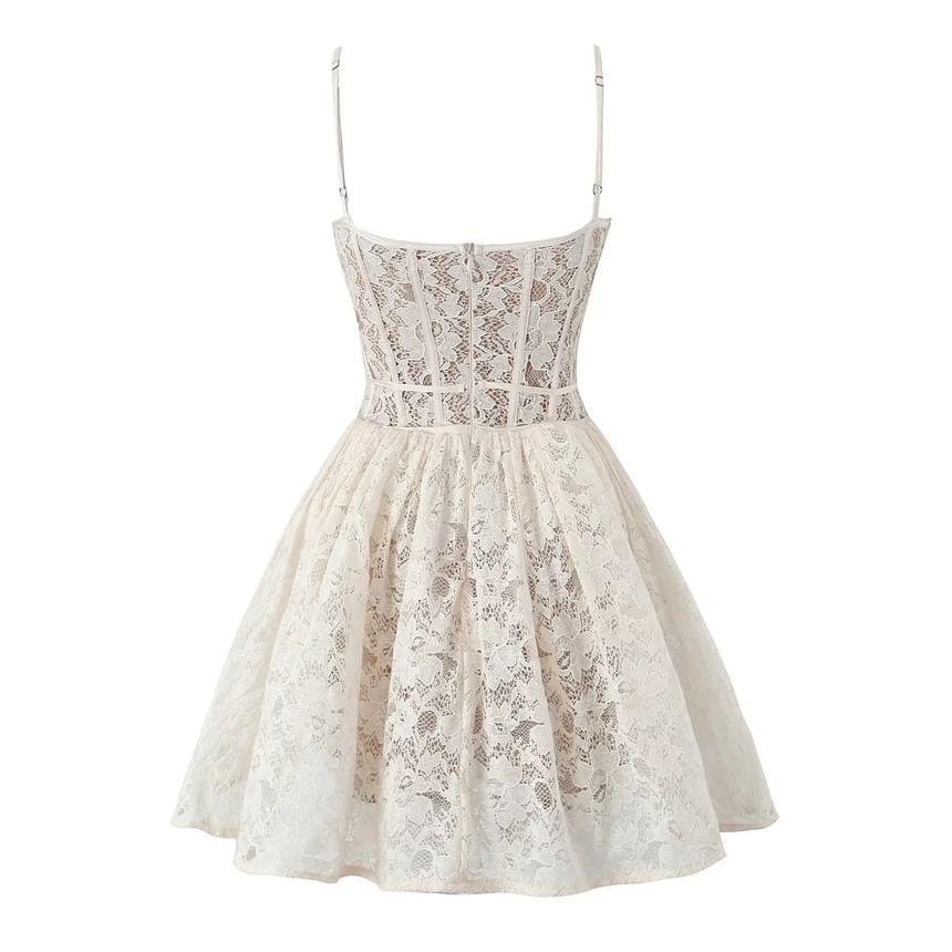 Spaghetti Strap Plain Tie-Waist Lace Mini A-Line Dress Product Image