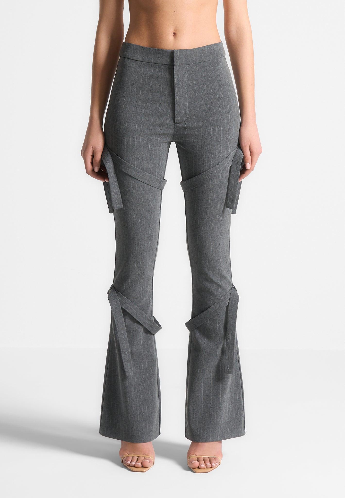 Strap Detail Pinstripe Fit and Flare Leggings - Grey Female Product Image