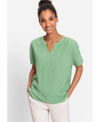 Viscose Blend Short Sleeve Collarless Crinkle Top Product Image