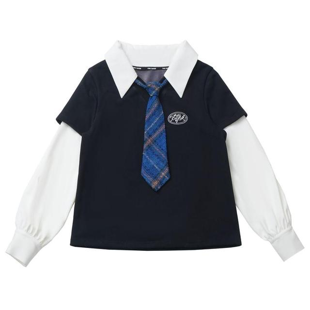 Long Sleeve Collared Lettering Embroidered Mock Two Piece Top with Necktie Product Image