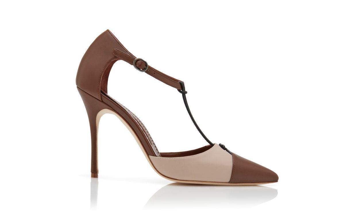 ASSALA Brown and Beige Nappa Leather Ankle Strap Pumps Product Image