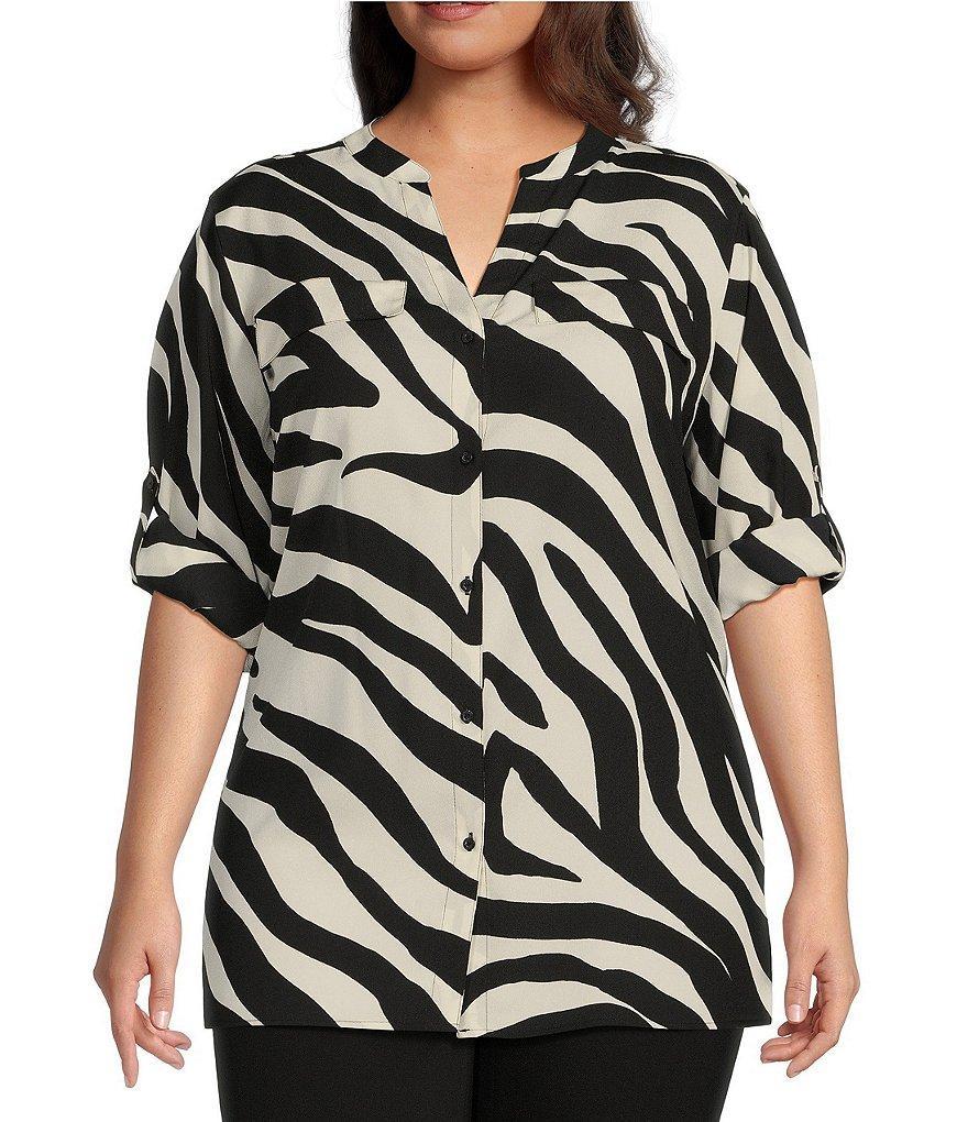 Calvin Klein Plus Size Zebra Print Crepe de Chine Y-Neck Long Sleeve Button Front Top Product Image