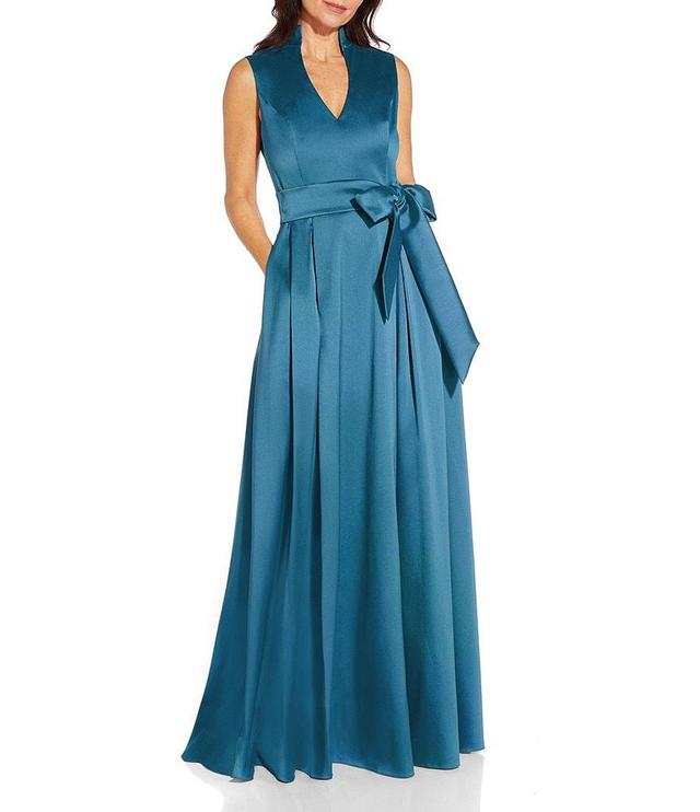 Aidan Mattox Stand Collar V-Neck Sleeveless Tie Waist Mikado Ball Gown Product Image