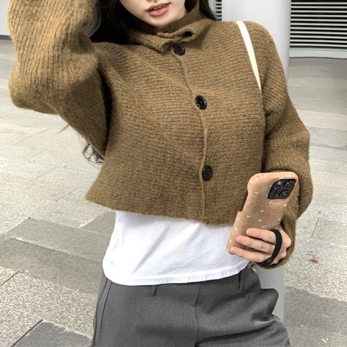 Turtleneck Plain Button-Up Crop Cardigan Product Image