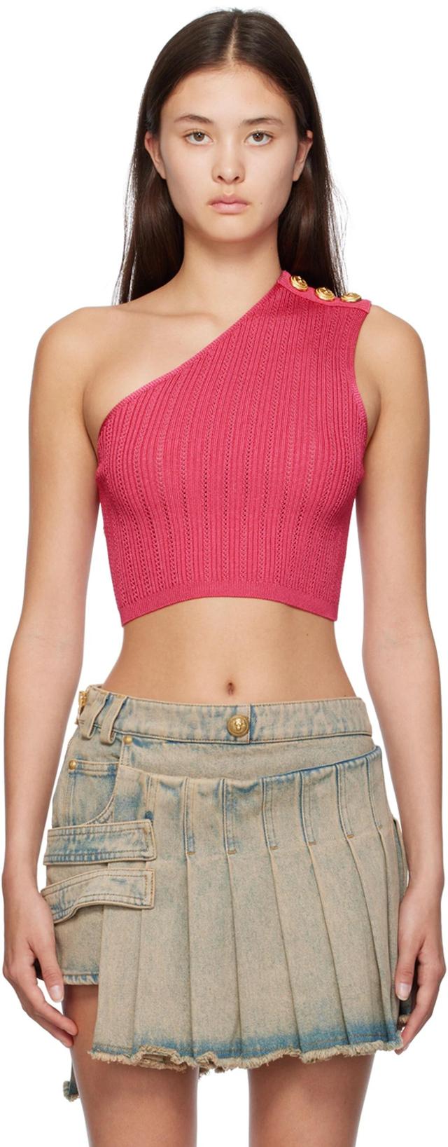 Asymmetric Buttoned Knit Top In 4at Rose Fuchsia Product Image