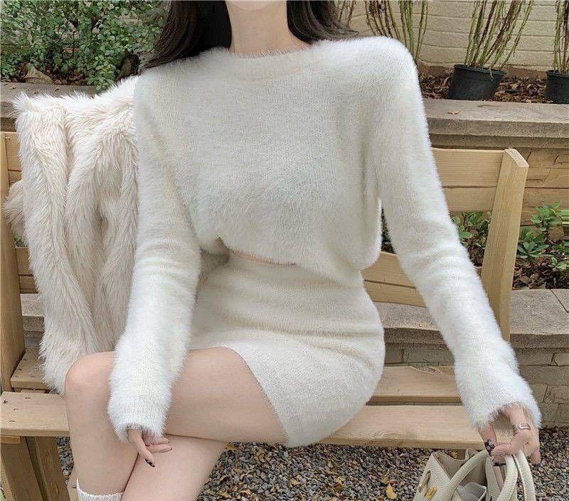 Set: Round Neck Plain Crop Sweater + High Waist Knit Mini Pencil Skirt Product Image