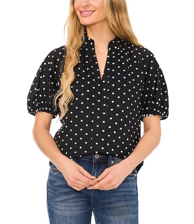 CeCe V Neck Short Puffed Sleeve Polka Dot Blouse Product Image