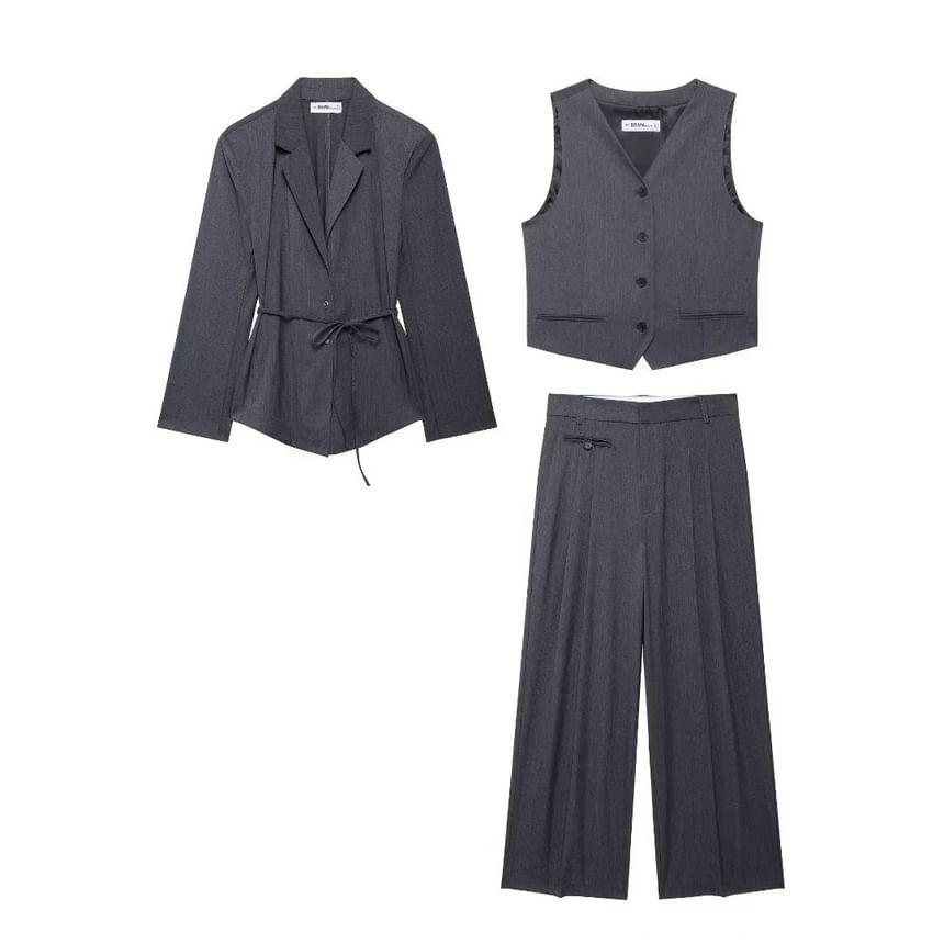 Notch Lapel Pinstriped Single Breasted Blazer / V-Neck Button Vest / Mid Waist Wide Leg Suit Pants Product Image