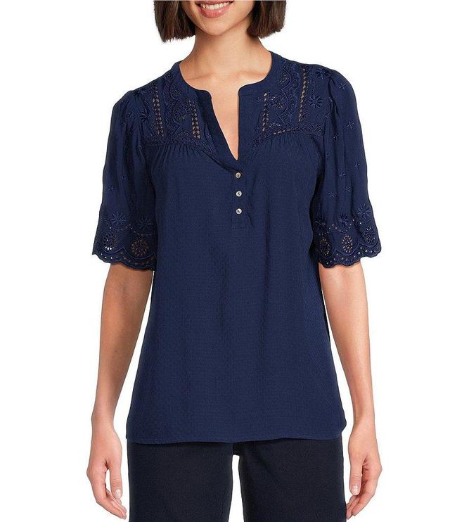 Nurture by Westbound Petite Size Woven Short Sleeve Henley Top Product Image