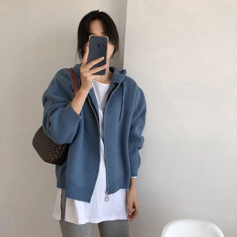 Drawstring Hooded Zip Cardigan Product Image