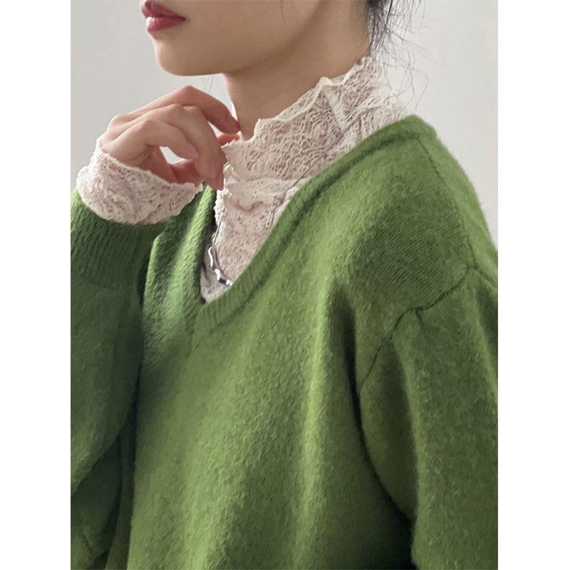 Long Sleeve Mock Neck Plain Lace Top Product Image