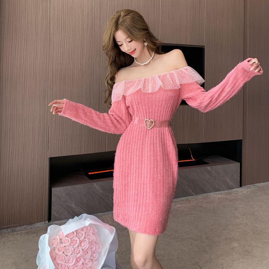 Long-Sleeve Off-The-Shoulder Plain Ruffle Ribbed Knit Mini Sweater Dress Product Image