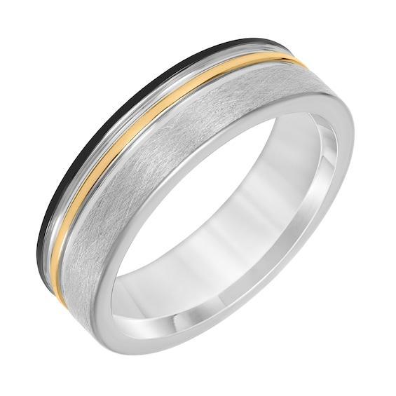 Men's 7.0mm Engravable Wedding Band in Tungsten with Black and Yellow Ion Plate Product Image