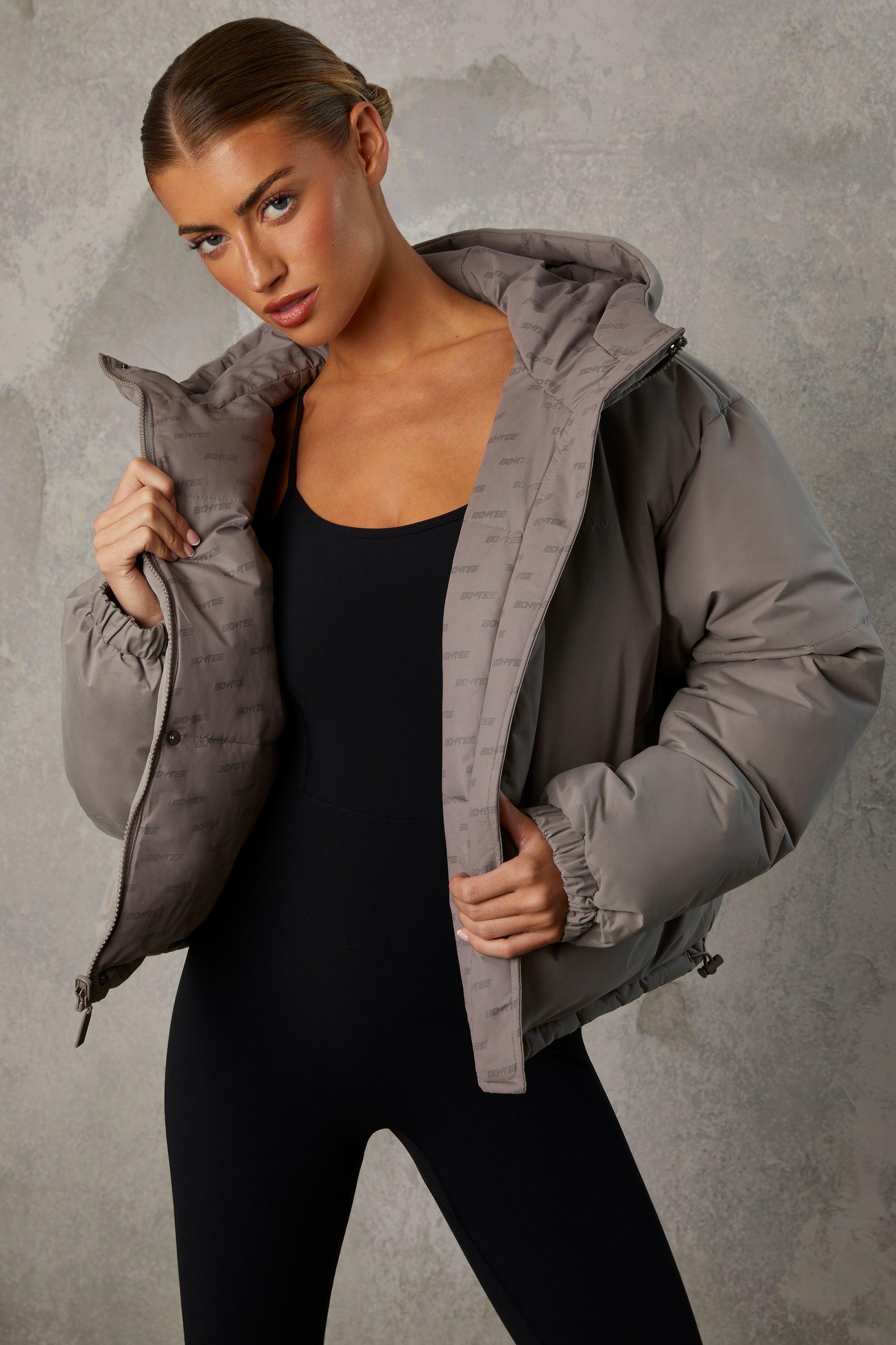 Reversible Hooded Puffer Jacket in Warm Grey Product Image