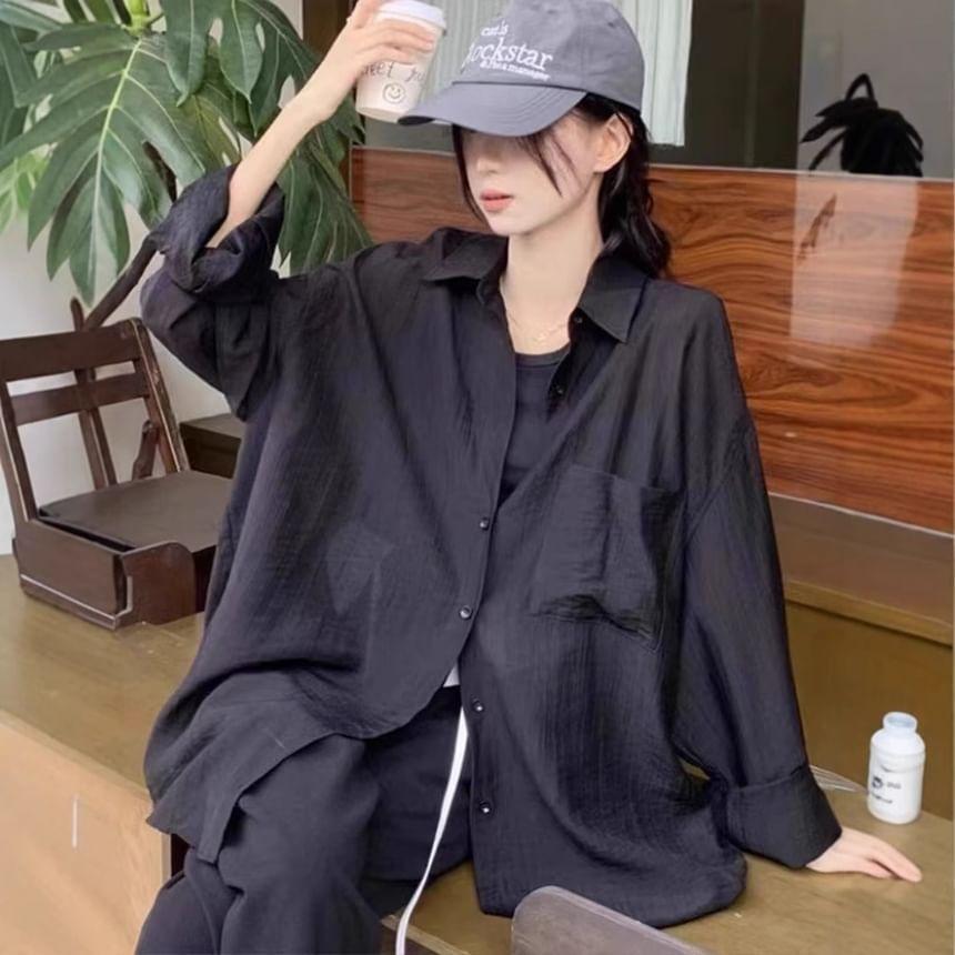 Long-Sleeve Plain Sheer Button-Up Shirt Product Image